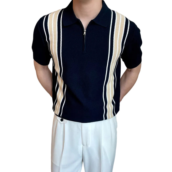 Men's Short-Sleeve Knit Half-Zip Polo Shirt with Vertical Stripe Pattern and Ribbed Cuffs