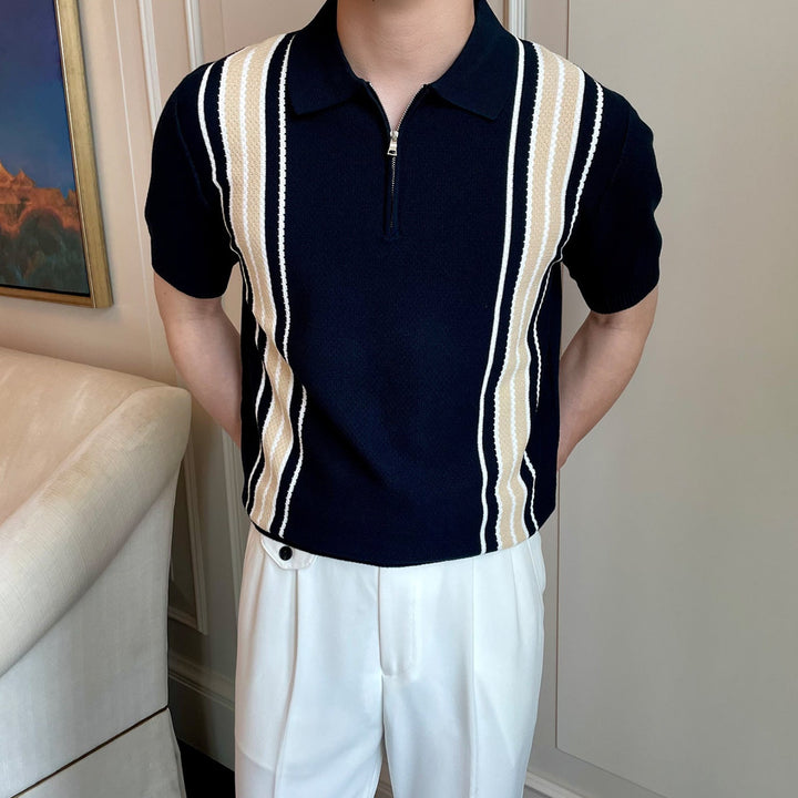 Men's Short-Sleeve Knit Half-Zip Polo Shirt with Vertical Stripe Pattern and Ribbed Cuffs