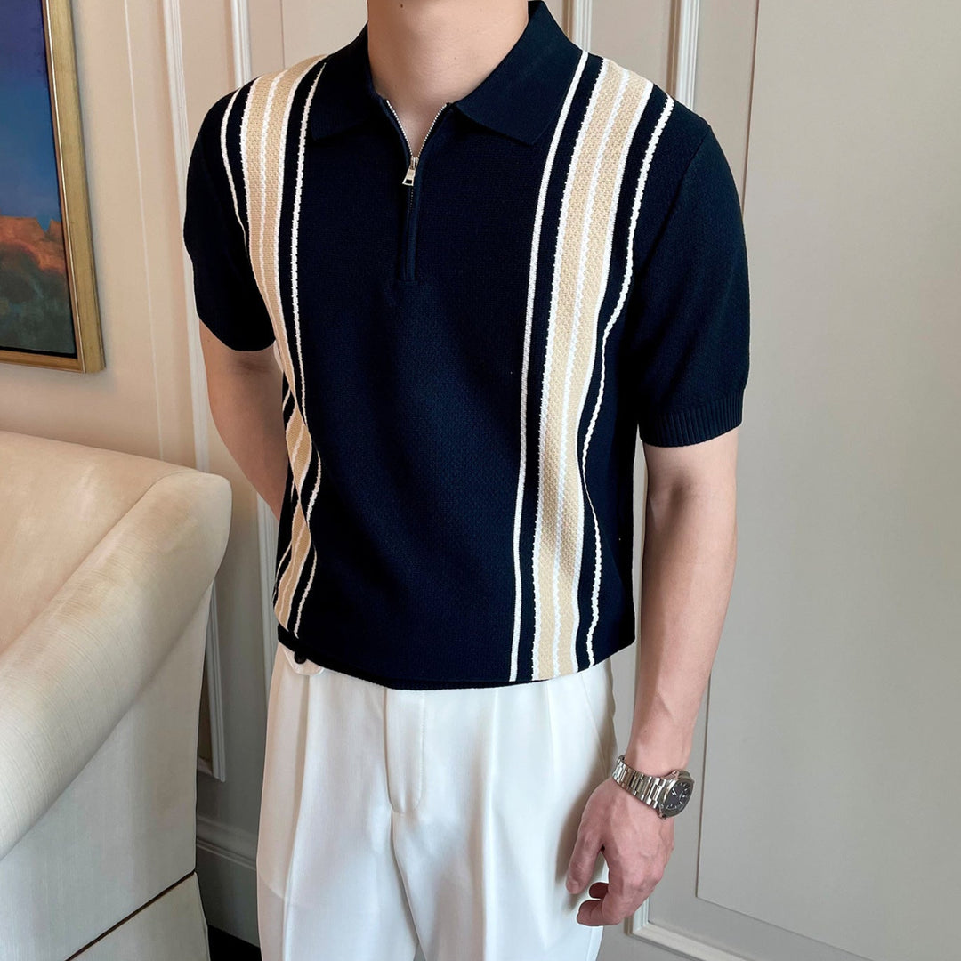 Men's Short-Sleeve Knit Half-Zip Polo Shirt with Vertical Stripe Pattern and Ribbed Cuffs