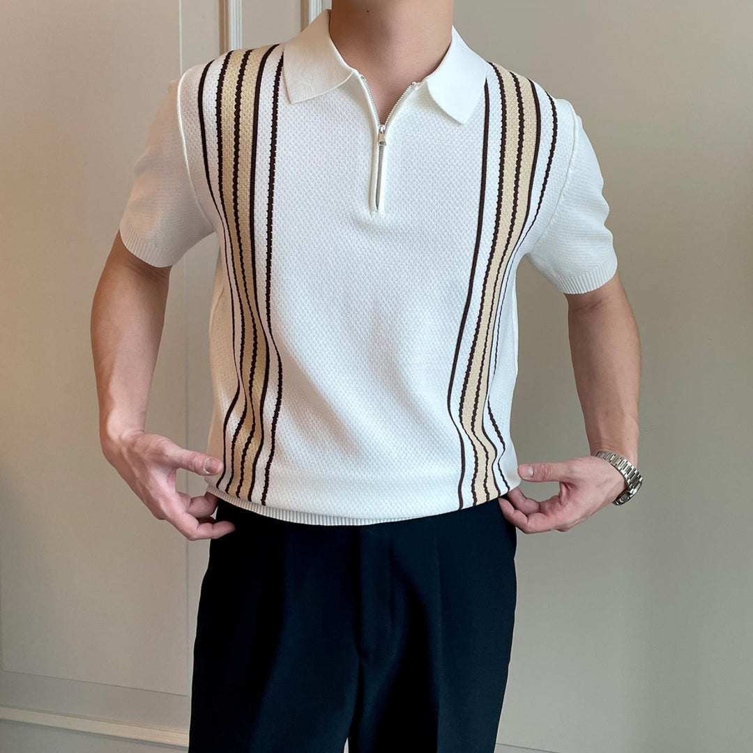 Men's Short-Sleeve Knit Half-Zip Polo Shirt with Vertical Stripe Pattern and Ribbed Cuffs