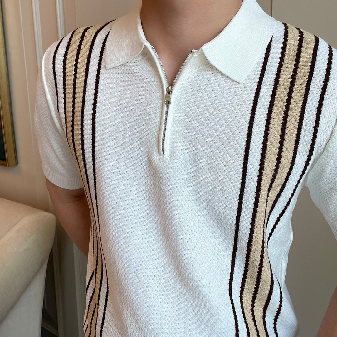 Men's Short-Sleeve Knit Half-Zip Polo Shirt with Vertical Stripe Pattern and Ribbed Cuffs