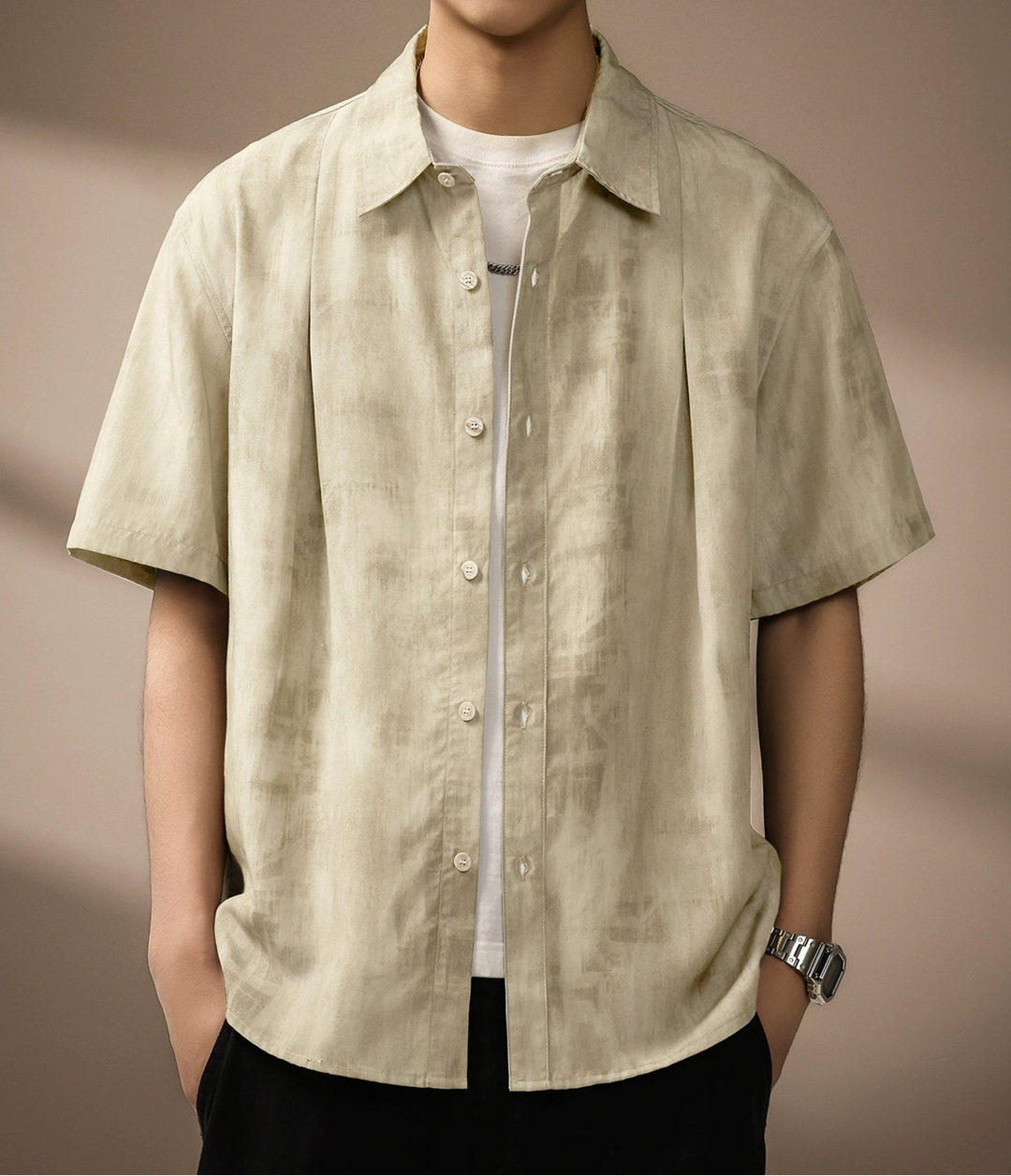 Men's Short Sleeve Mottled Texture Shirt with Spread Collar and Button-Front Placket