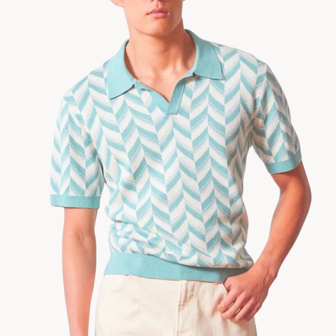 Men's Short-Sleeve Open Camp Collar Polo Shirt with Chevron Knit Pattern and Contrast Ribbed Hem