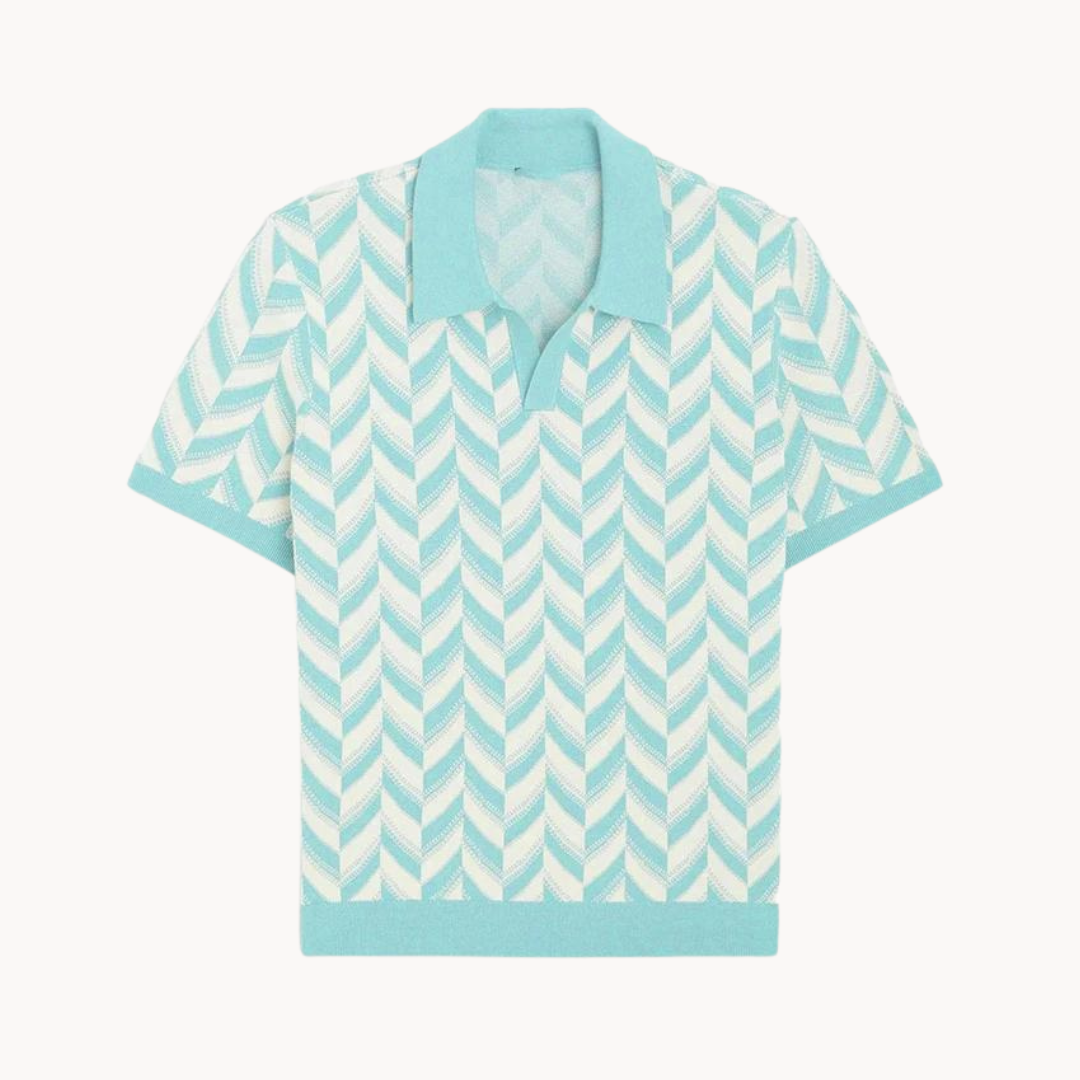 Men's Short-Sleeve Open Camp Collar Polo Shirt with Chevron Knit Pattern and Contrast Ribbed Hem
