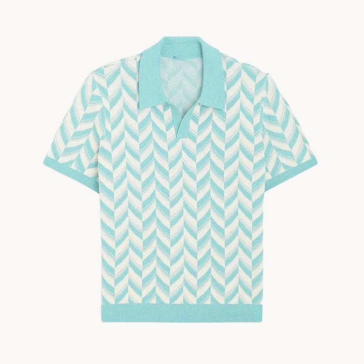Men's Short-Sleeve Open Camp Collar Polo Shirt with Chevron Knit Pattern and Contrast Ribbed Hem