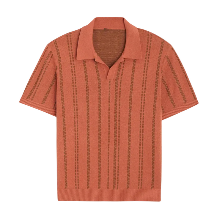 Men's Short-Sleeve Open Camp Collar Polo Shirt with Tonal Vertical Ladder Stripe Knit and Ribbed Hem