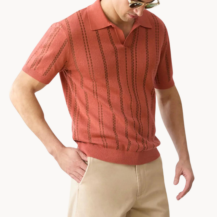 Men's Short-Sleeve Open Camp Collar Polo Shirt with Tonal Vertical Ladder Stripe Knit and Ribbed Hem
