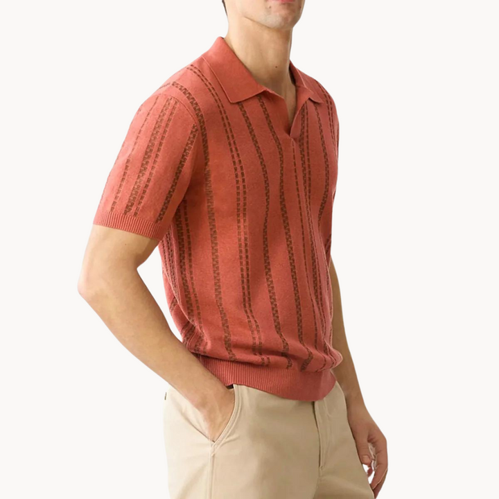 Men's Short-Sleeve Open Camp Collar Polo Shirt with Tonal Vertical Ladder Stripe Knit and Ribbed Hem