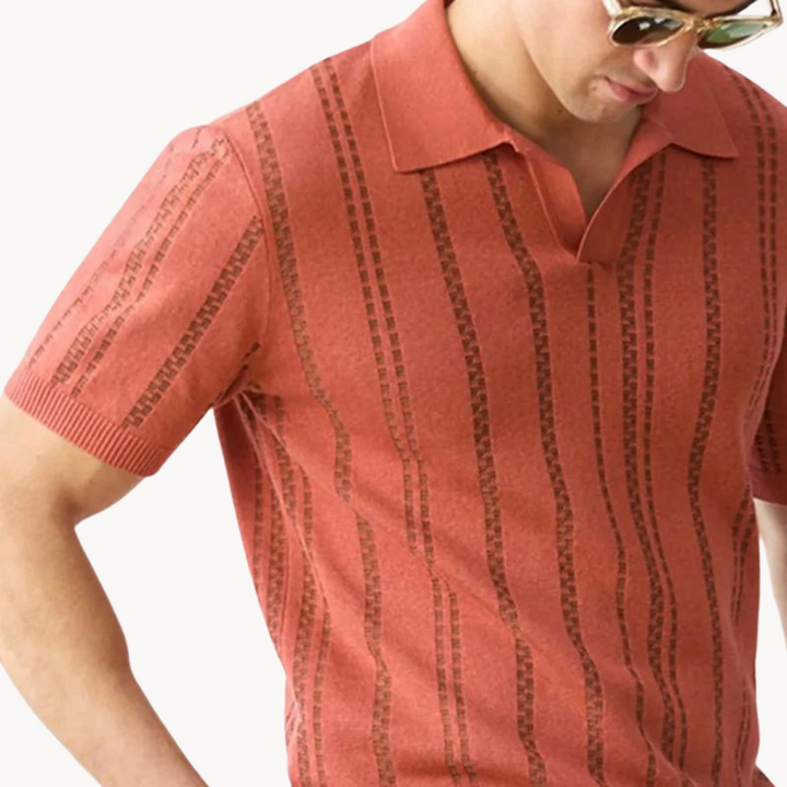 Men's Short-Sleeve Open Camp Collar Polo Shirt with Tonal Vertical Ladder Stripe Knit and Ribbed Hem