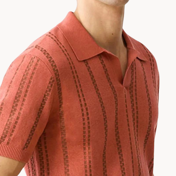 Men's Short-Sleeve Open Camp Collar Polo Shirt with Tonal Vertical Ladder Stripe Knit and Ribbed Hem
