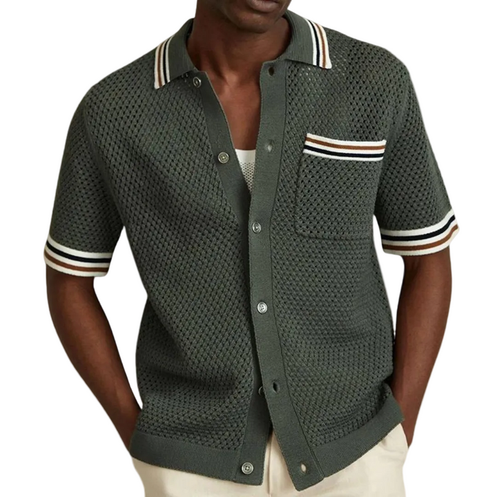 Men's Short-Sleeve Open Knit Shirt with Contrast Tipped Collar and Chest Pocket and Button Front