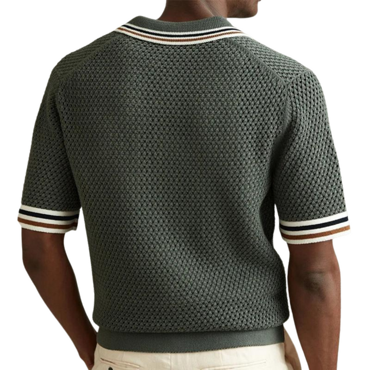 Men's Short-Sleeve Open Knit Shirt with Contrast Tipped Collar and Chest Pocket and Button Front