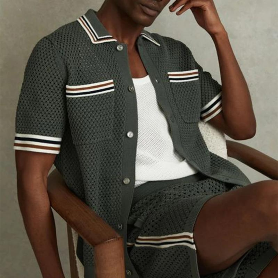 Men's Short-Sleeve Open Knit Shirt with Contrast Tipped Collar and Chest Pocket and Button Front