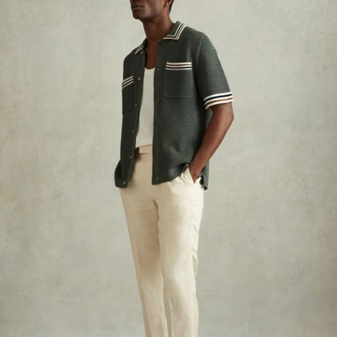 Men's Short-Sleeve Open Knit Shirt with Contrast Tipped Collar and Chest Pocket and Button Front