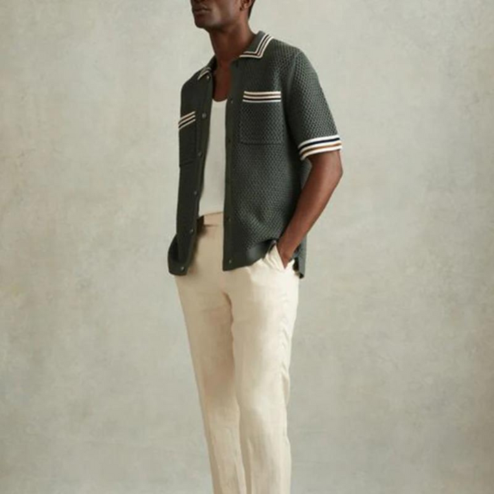 Men's Short-Sleeve Open Knit Shirt with Contrast Tipped Collar and Chest Pocket and Button Front