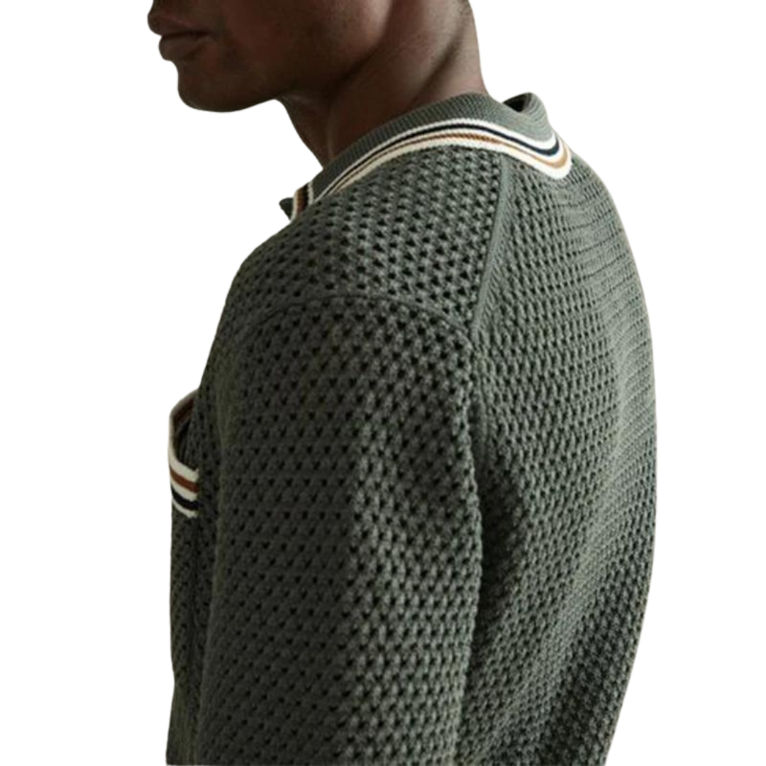 Men's Short-Sleeve Open Knit Shirt with Contrast Tipped Collar and Chest Pocket and Button Front