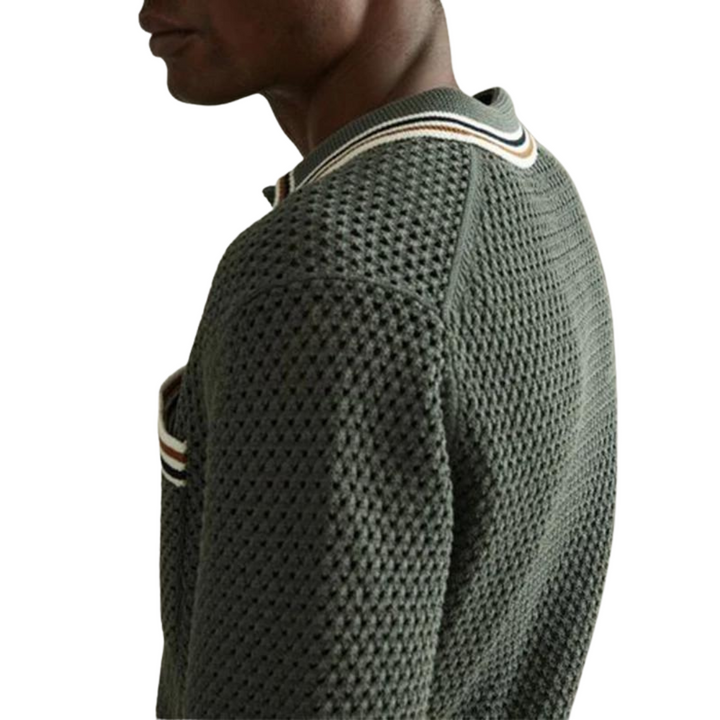 Men's Short-Sleeve Open Knit Shirt with Contrast Tipped Collar and Chest Pocket and Button Front