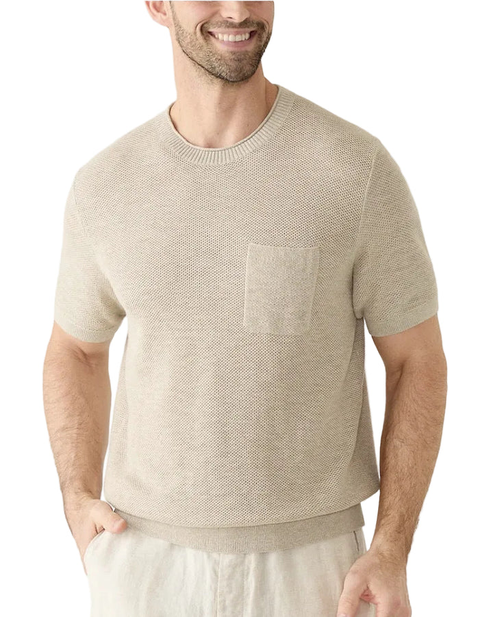 Men's Short Sleeve Open-Knit T-Shirt with Crew Neckline and Chest Pocket
