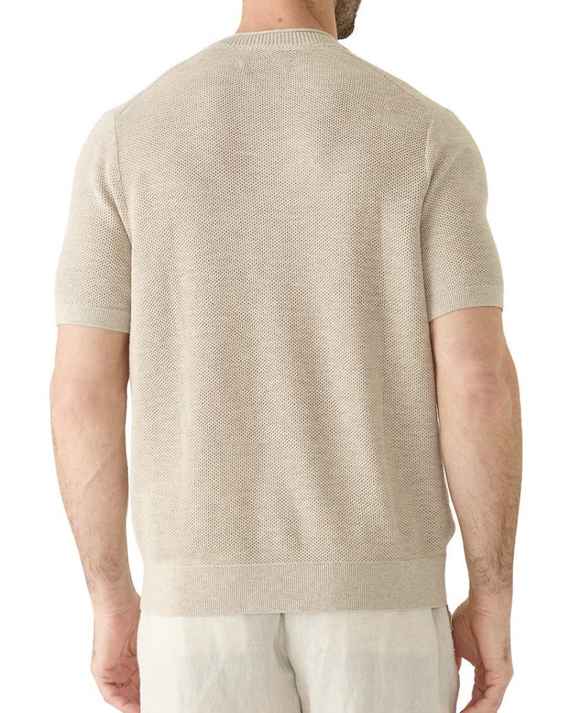 Men's Short Sleeve Open-Knit T-Shirt with Crew Neckline and Chest Pocket