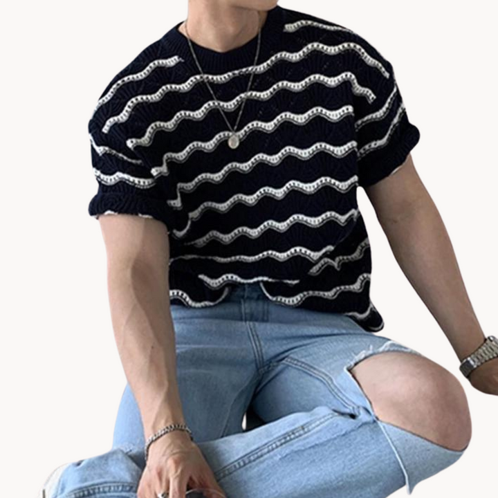 Men's Short-Sleeve Open Knit T-Shirt with Wave Stripe Pattern and Crew Neckline