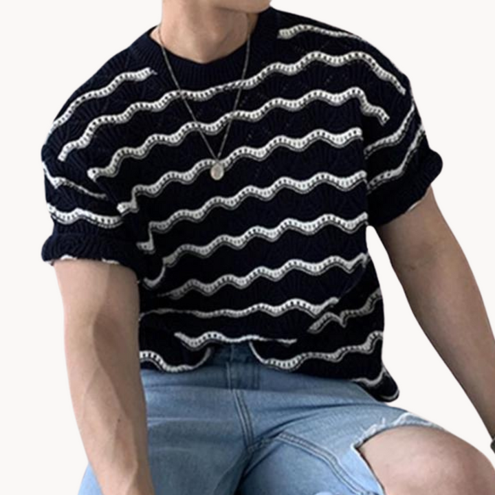 Men's Short-Sleeve Open Knit T-Shirt with Wave Stripe Pattern and Crew Neckline