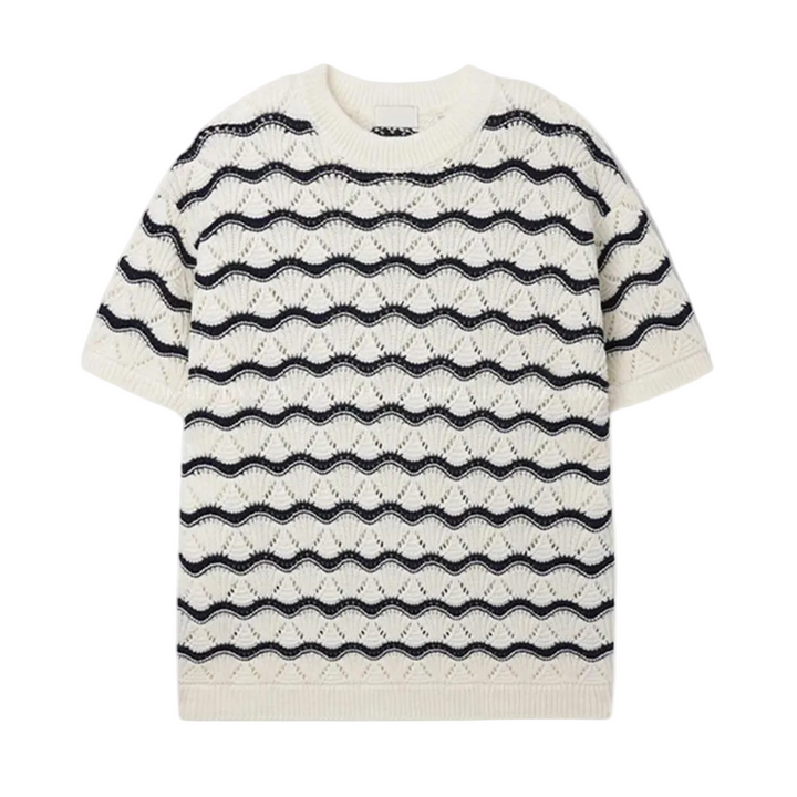 Men's Short-Sleeve Open Knit T-Shirt with Wave Stripe Pattern and Crew Neckline