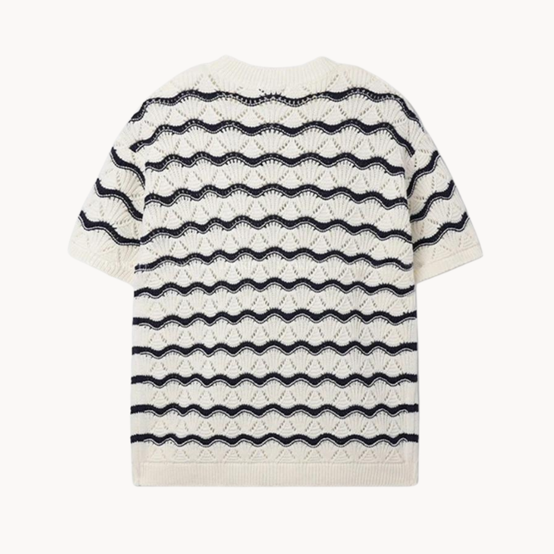 Men's Short-Sleeve Open Knit T-Shirt with Wave Stripe Pattern and Crew Neckline