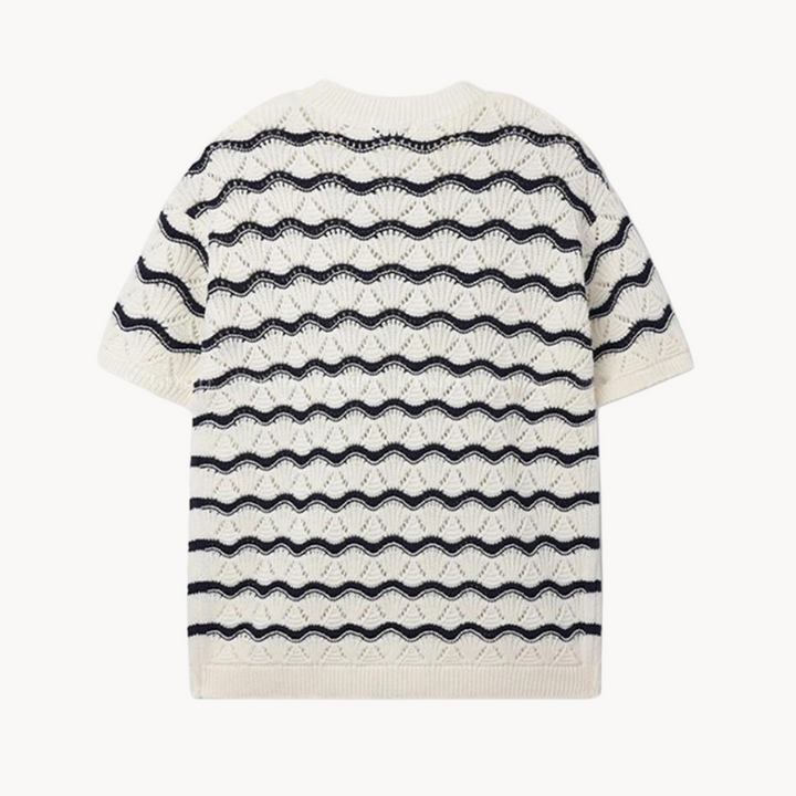 Men's Short-Sleeve Open Knit T-Shirt with Wave Stripe Pattern and Crew Neckline