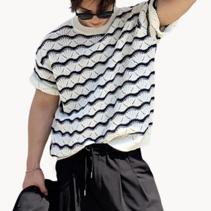 Men's Short-Sleeve Open Knit T-Shirt with Wave Stripe Pattern and Crew Neckline