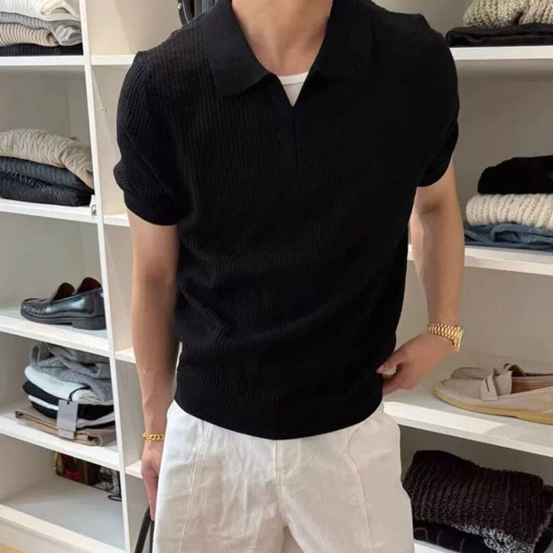 Men's Short Sleeve Open Placket Polo Shirt with Waffle Knit Surface and Ribbed Hem Band