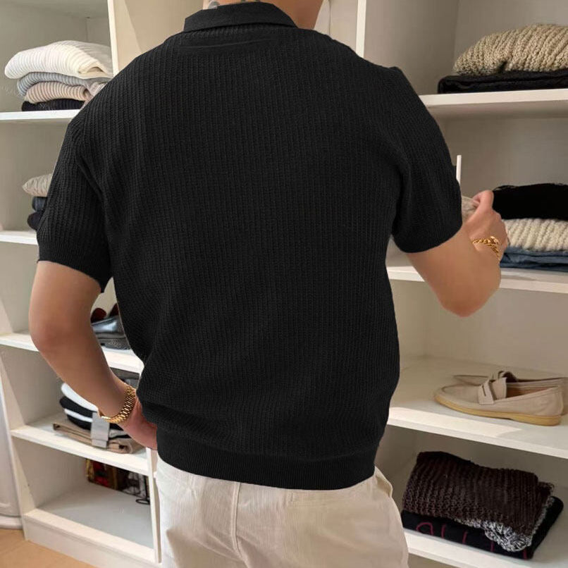 Men's Short Sleeve Open Placket Polo Shirt with Waffle Knit Surface and Ribbed Hem Band