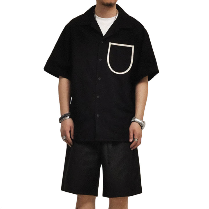 Men's Short Sleeve Point Collar Button-Front Shirt with Contrast-Trim Chest Pocket