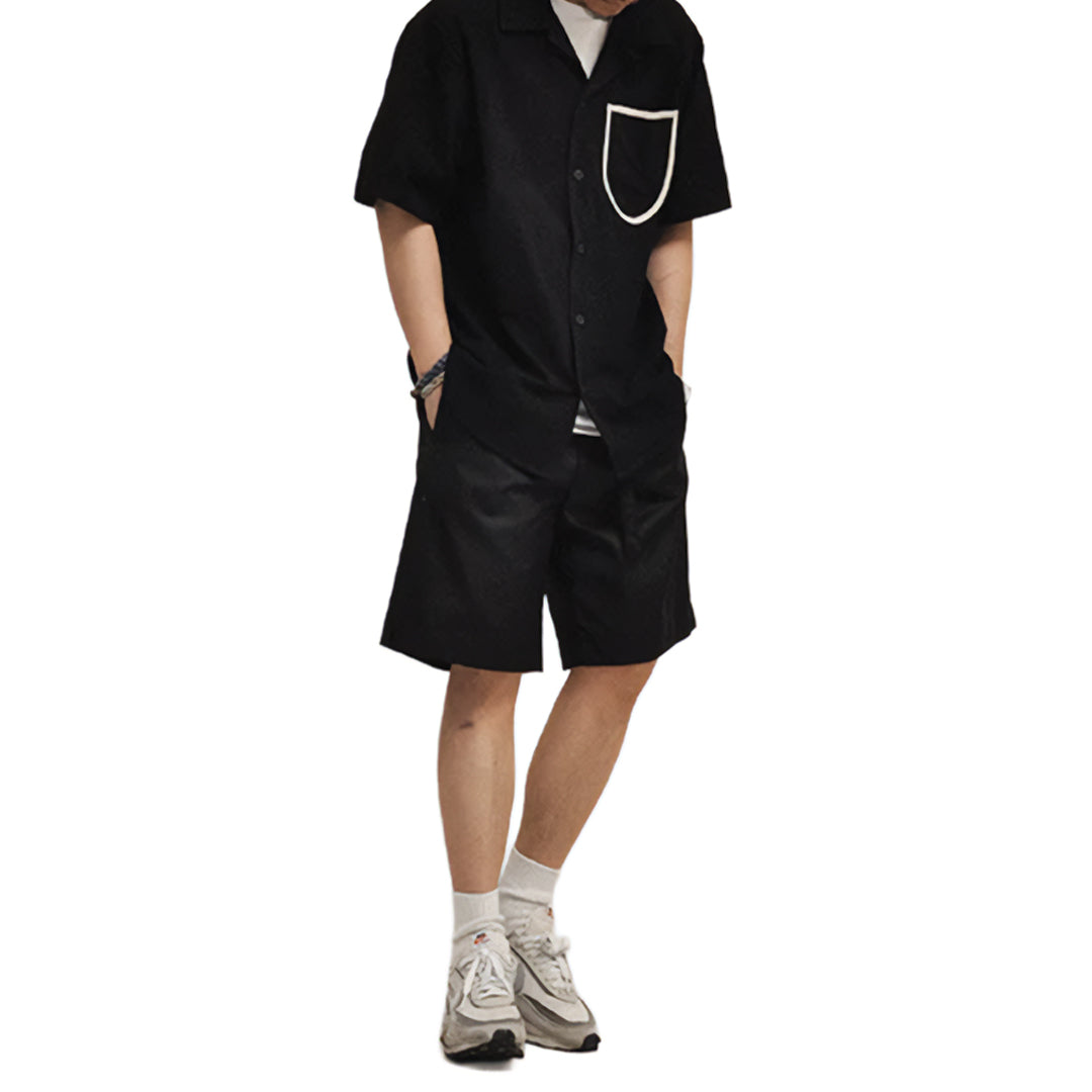 Men's Short Sleeve Point Collar Button-Front Shirt with Contrast-Trim Chest Pocket
