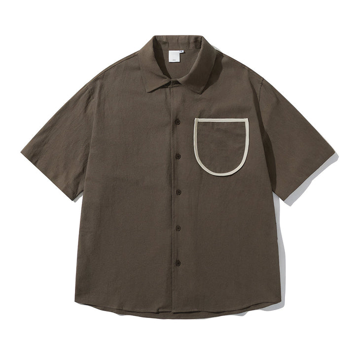 Men's Short Sleeve Point Collar Button-Front Shirt with Contrast-Trim Chest Pocket