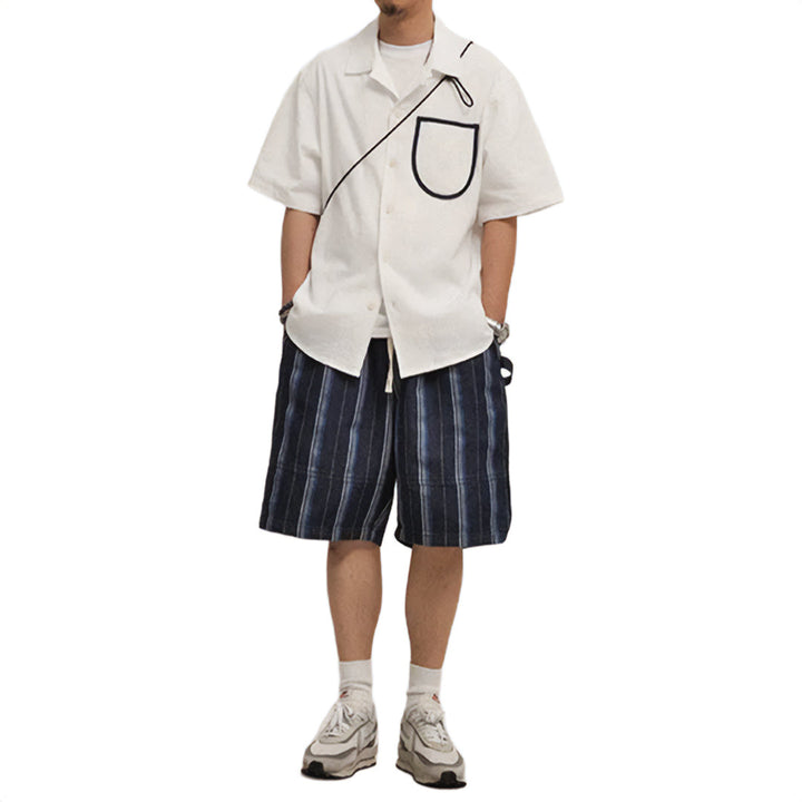 Men's Short Sleeve Point Collar Button-Front Shirt with Contrast-Trim Chest Pocket