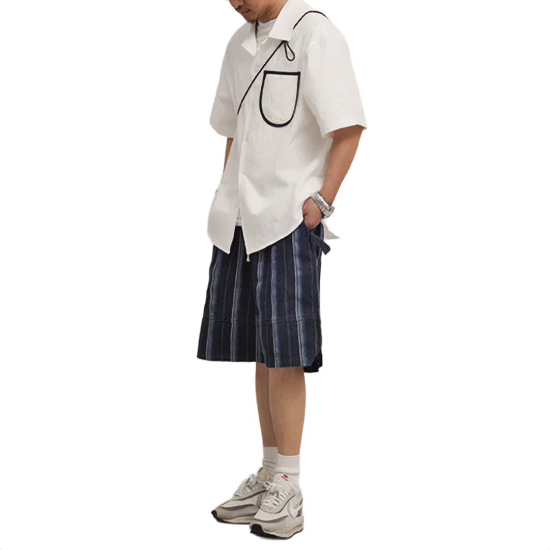 Men's Short Sleeve Point Collar Button-Front Shirt with Contrast-Trim Chest Pocket