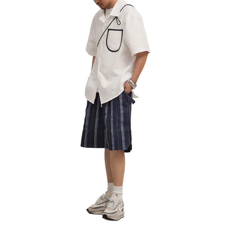 Men's Short Sleeve Point Collar Button-Front Shirt with Contrast-Trim Chest Pocket