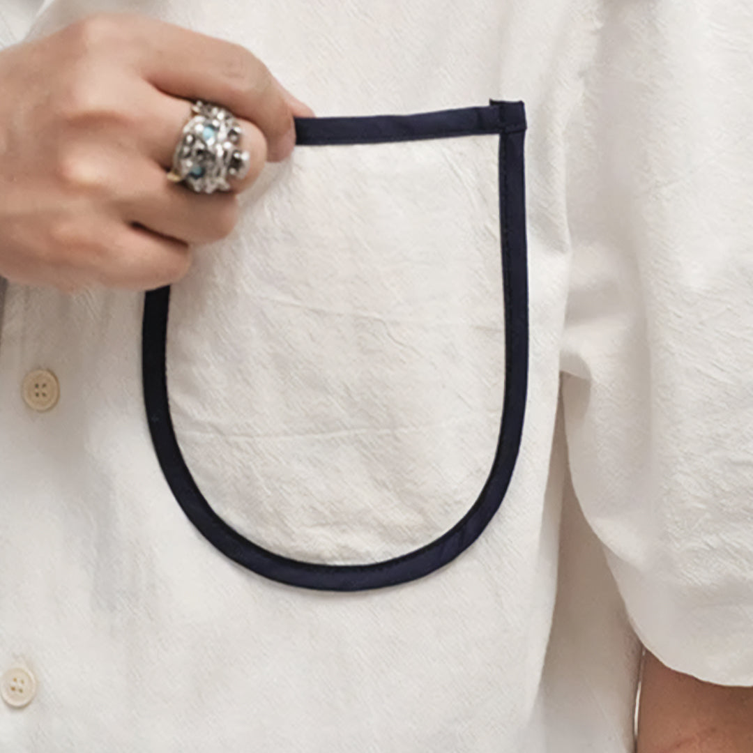 Men's Short Sleeve Point Collar Button-Front Shirt with Contrast-Trim Chest Pocket