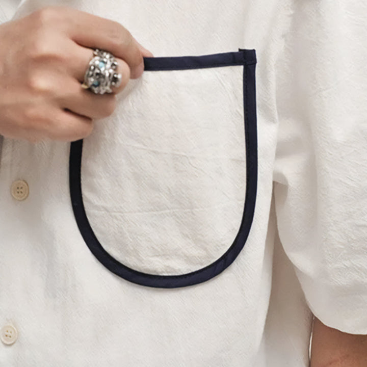 Men's Short Sleeve Point Collar Button-Front Shirt with Contrast-Trim Chest Pocket