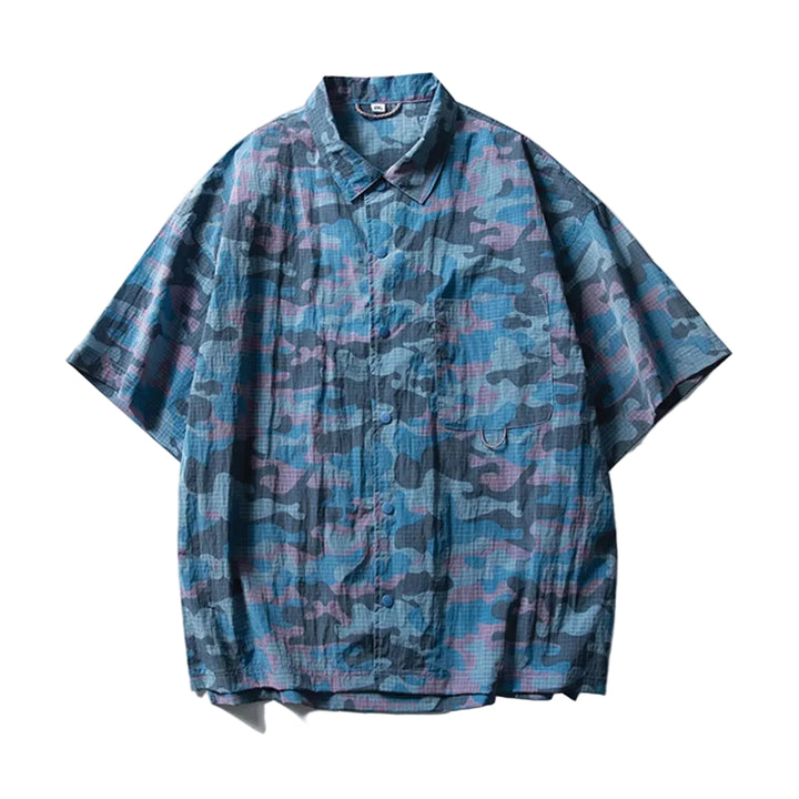 Men's Short Sleeve Point Collar Shirt with All-Over Camouflage Print and Chest Pocket