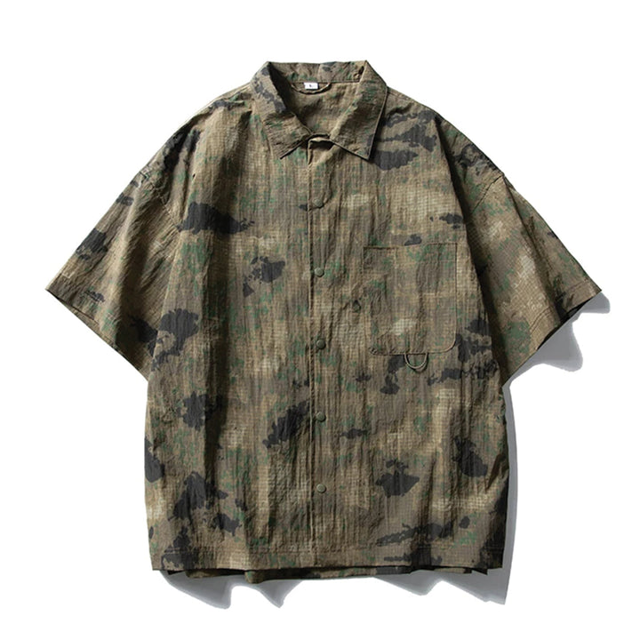 Men's Short Sleeve Point Collar Shirt with All-Over Camouflage Print and Chest Pocket