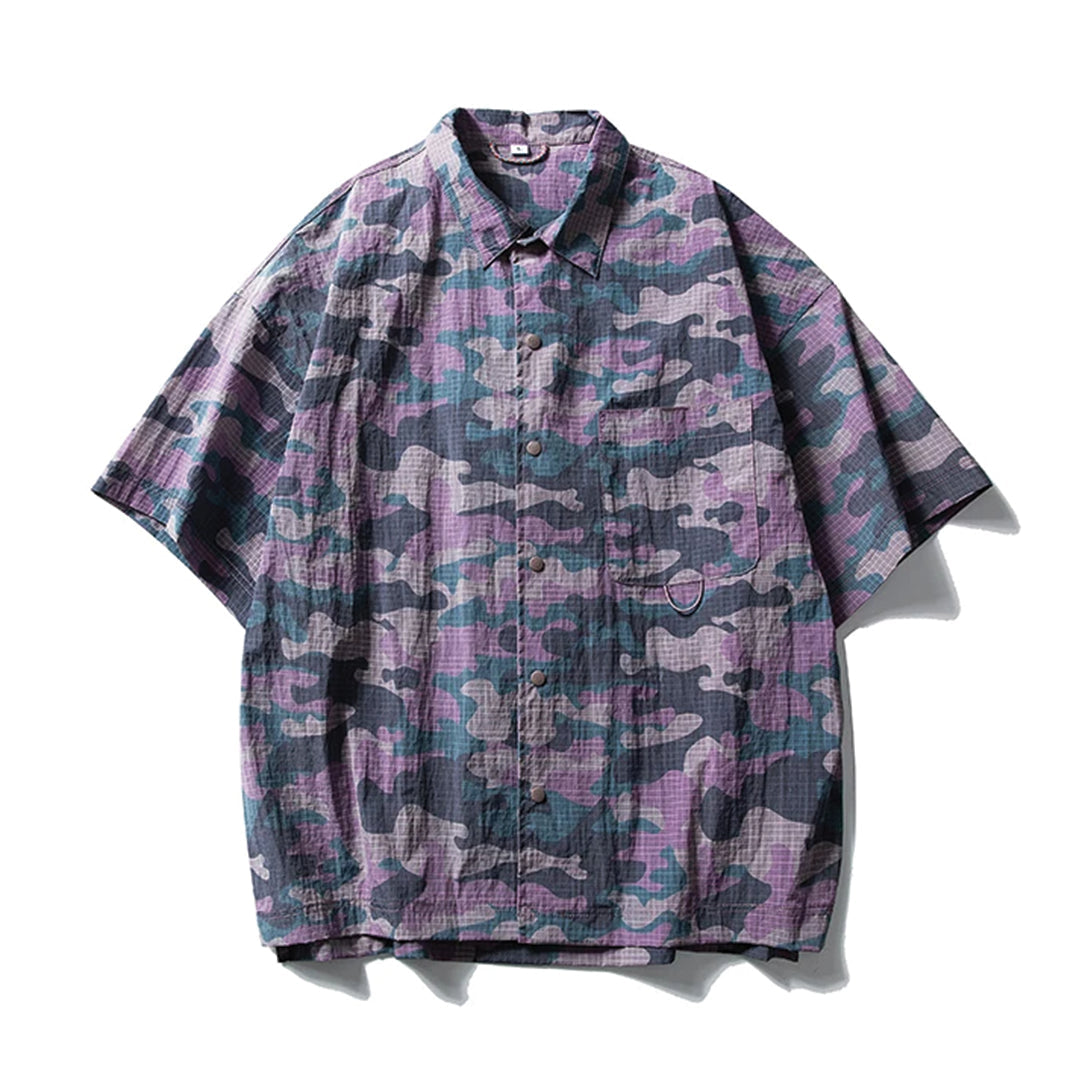 Men's Short Sleeve Point Collar Shirt with All-Over Camouflage Print and Chest Pocket