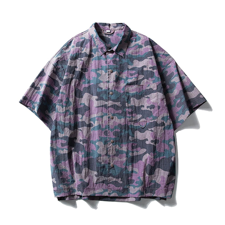 Men's Short Sleeve Point Collar Shirt with All-Over Camouflage Print and Chest Pocket
