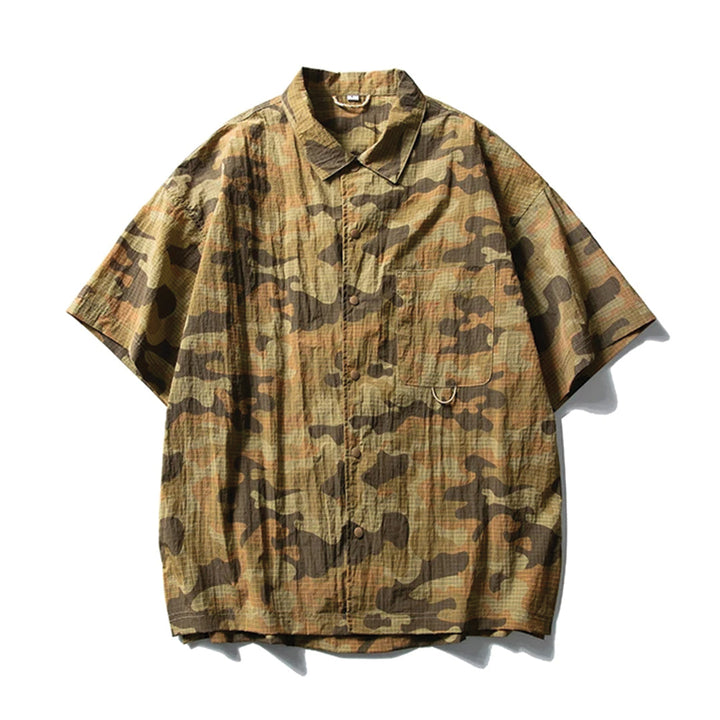 Men's Short Sleeve Point Collar Shirt with All-Over Camouflage Print and Chest Pocket