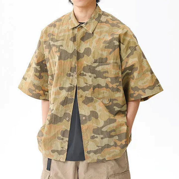 Men's Short Sleeve Point Collar Shirt with All-Over Camouflage Print and Chest Pocket
