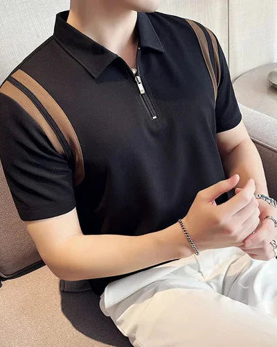 Men's Short Sleeve Polo Shirt with Half Zip and Contrast Stripe Panels