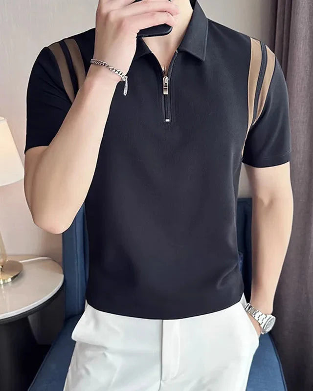 Men's Short Sleeve Polo Shirt with Half Zip and Contrast Stripe Panels