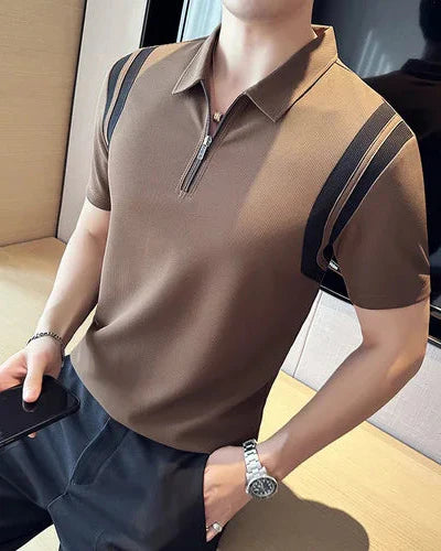 Men's Short Sleeve Polo Shirt with Half Zip and Contrast Stripe Panels