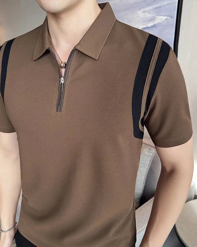 Men's Short Sleeve Polo Shirt with Half Zip and Contrast Stripe Panels