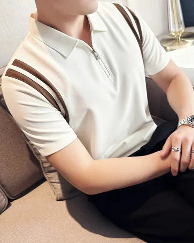 Men's Short Sleeve Polo Shirt with Half Zip and Contrast Stripe Panels
